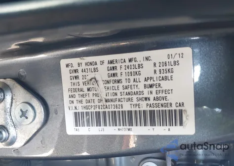 2012 Honda Accord Sdn 2.4 Ex-L/Ex-L z USA, uszkodzony, nr VIN 1HGCP2F82CA073629